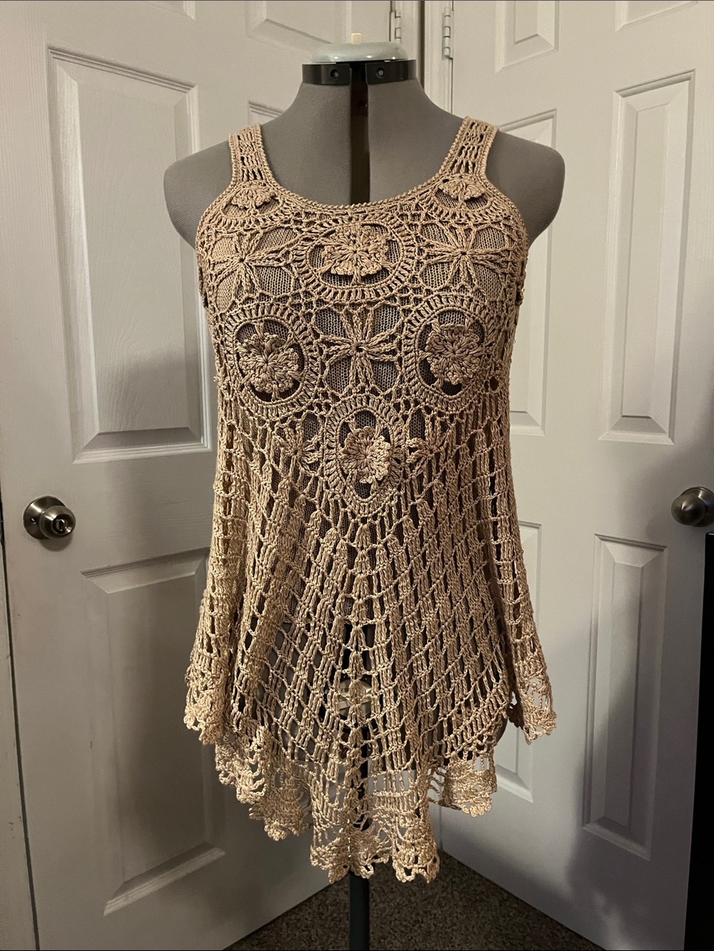 Crochet Double Lined Asymmetric Hem Tank, Tan, Size S/M - Picture 1 of 5
